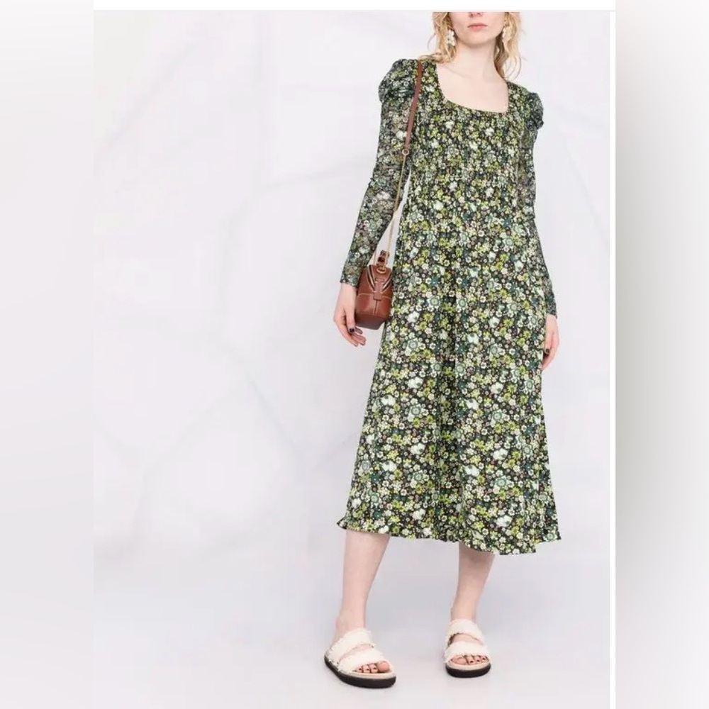 Scotch & Soda Green Floral Square-Neck Midi Dress